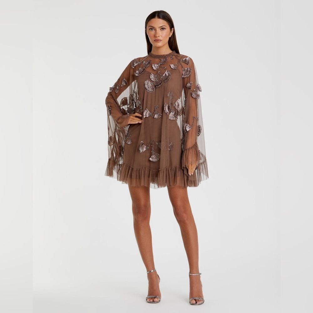 MAC DUGGAL 9257 Brown Embellished Long Flare Sleeve Mesh A-Line Dress - Picture 2 of 13